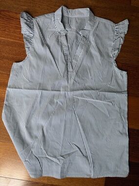 Sleeveless blue & white Stripe Ruffle Shoulder Top